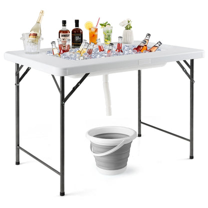 4-Foot Folding Ice Bin Table with Skirt & Quick Drain – HDPE Top, White