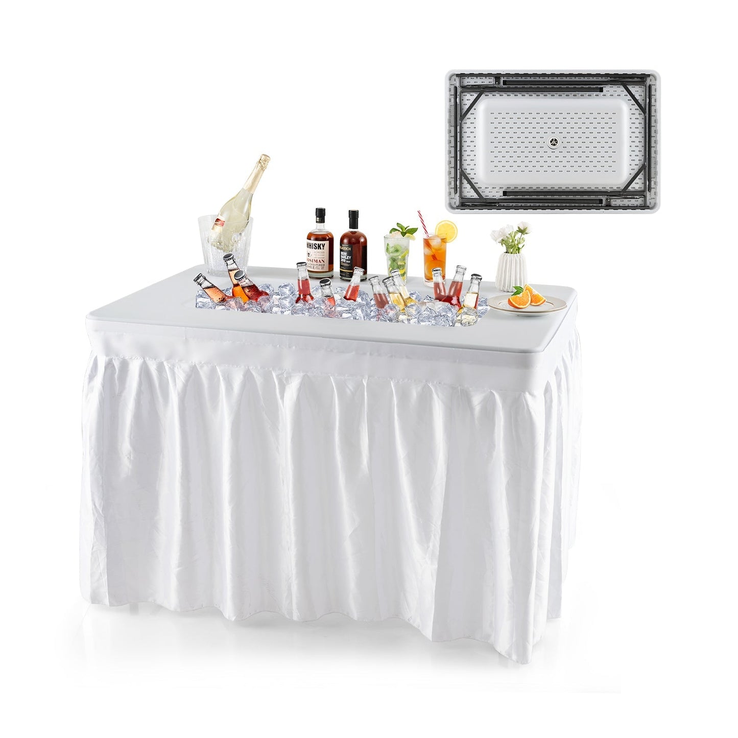 4-Foot Folding Ice Bin Table with Skirt & Quick Drain – HDPE Top, White