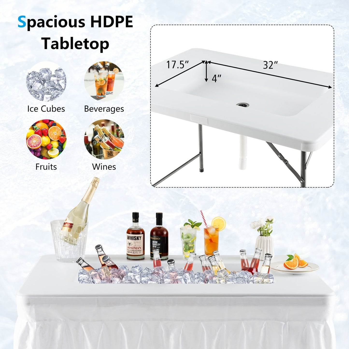 4-Foot Folding Ice Bin Table with Skirt & Quick Drain – HDPE Top, White