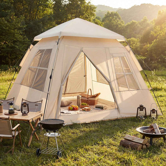 Beige 4-person camping tent with rainfly, front door and mesh windows