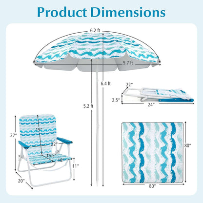 Blue beach set product dimensions diagram: umbrella, chairs, and 80in blanket