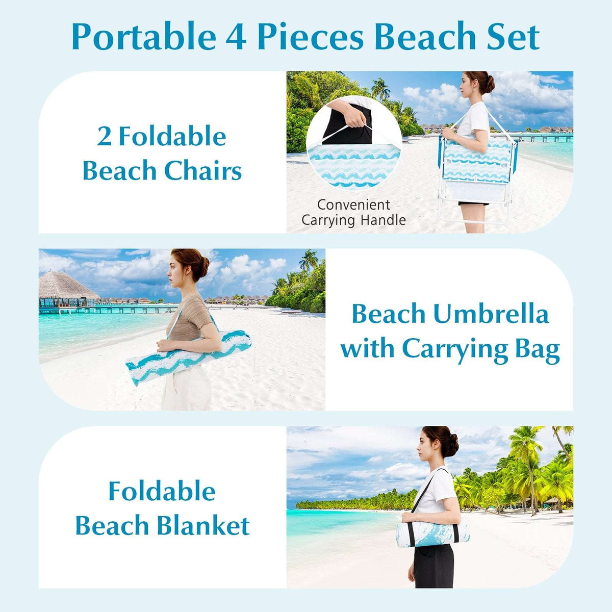 Portable beach umbrella set: blue foldable chairs, umbrella, and carrying bag