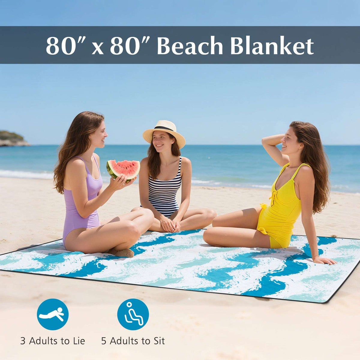 Blue and white 80 x 80 in beach blanket with splash-style pattern
