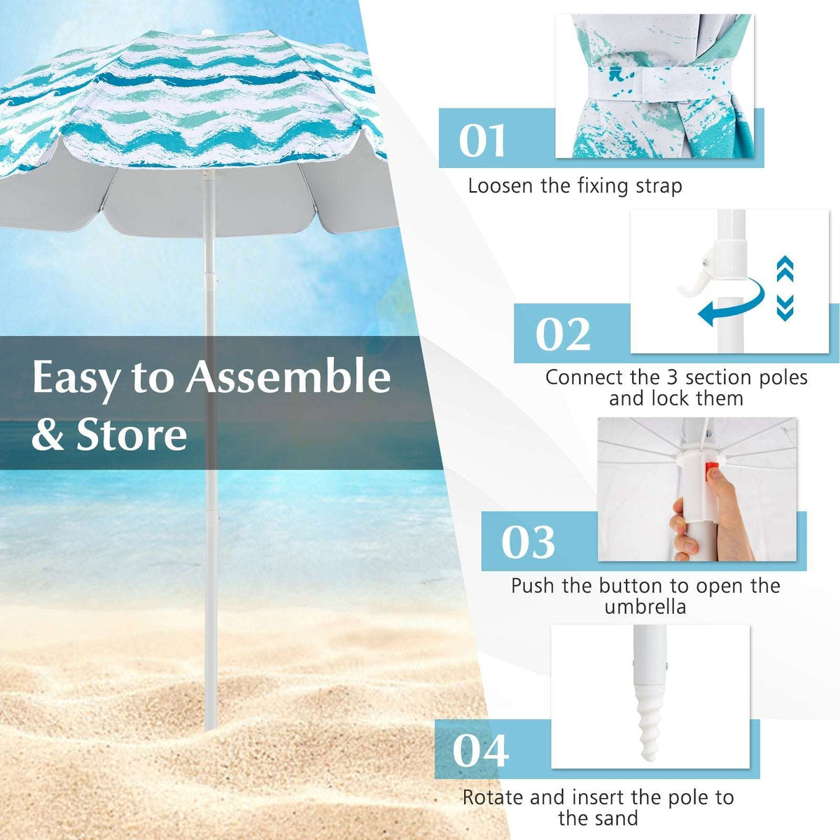 Blue beach umbrella with instructions for assembling, opening, and storing
