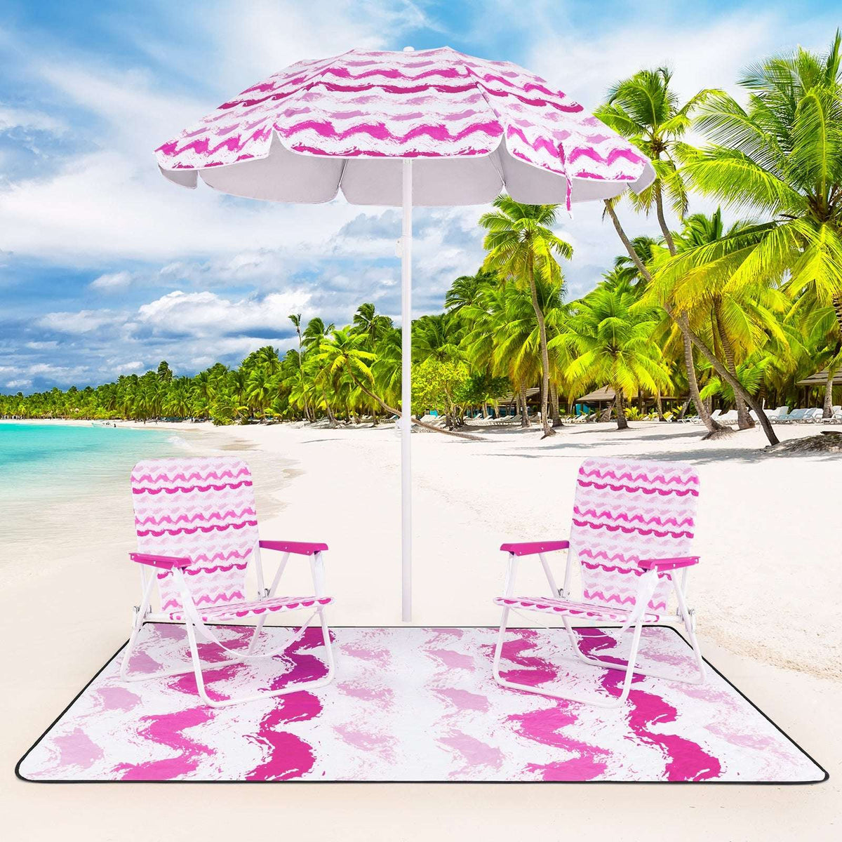 Pink beach umbrella set with two foldable chairs and picnic blanket