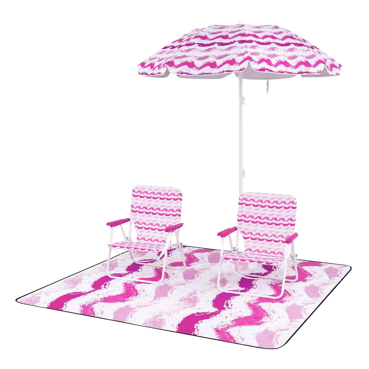 Pink striped umbrella with two foldable chairs and matching picnic blanket