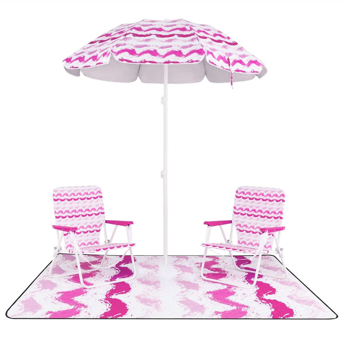 Pink beach umbrella set with two foldable chairs and patterned picnic blanket