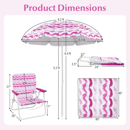 Pink beach set product dimensions diagram: umbrella, chairs, and 80in blanket