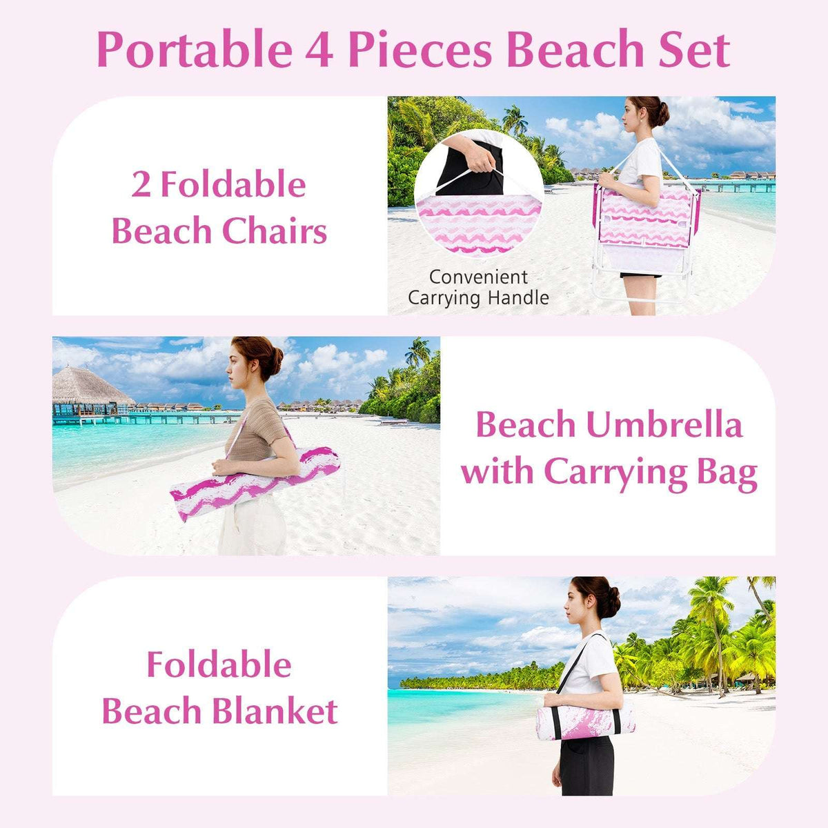 Portable beach umbrella set: pink foldable chairs, umbrella, and carrying bag