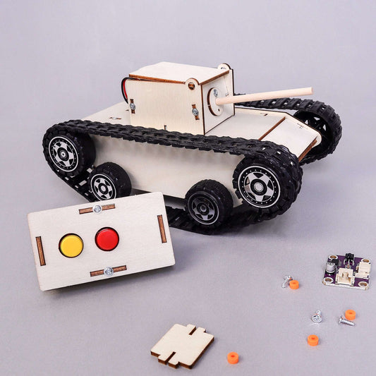 DIY remote-control tank kit with controller featuring red and yellow buttons