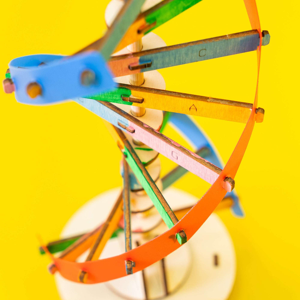 Close-up of assembled wooden DNA model with colored slats and pegs