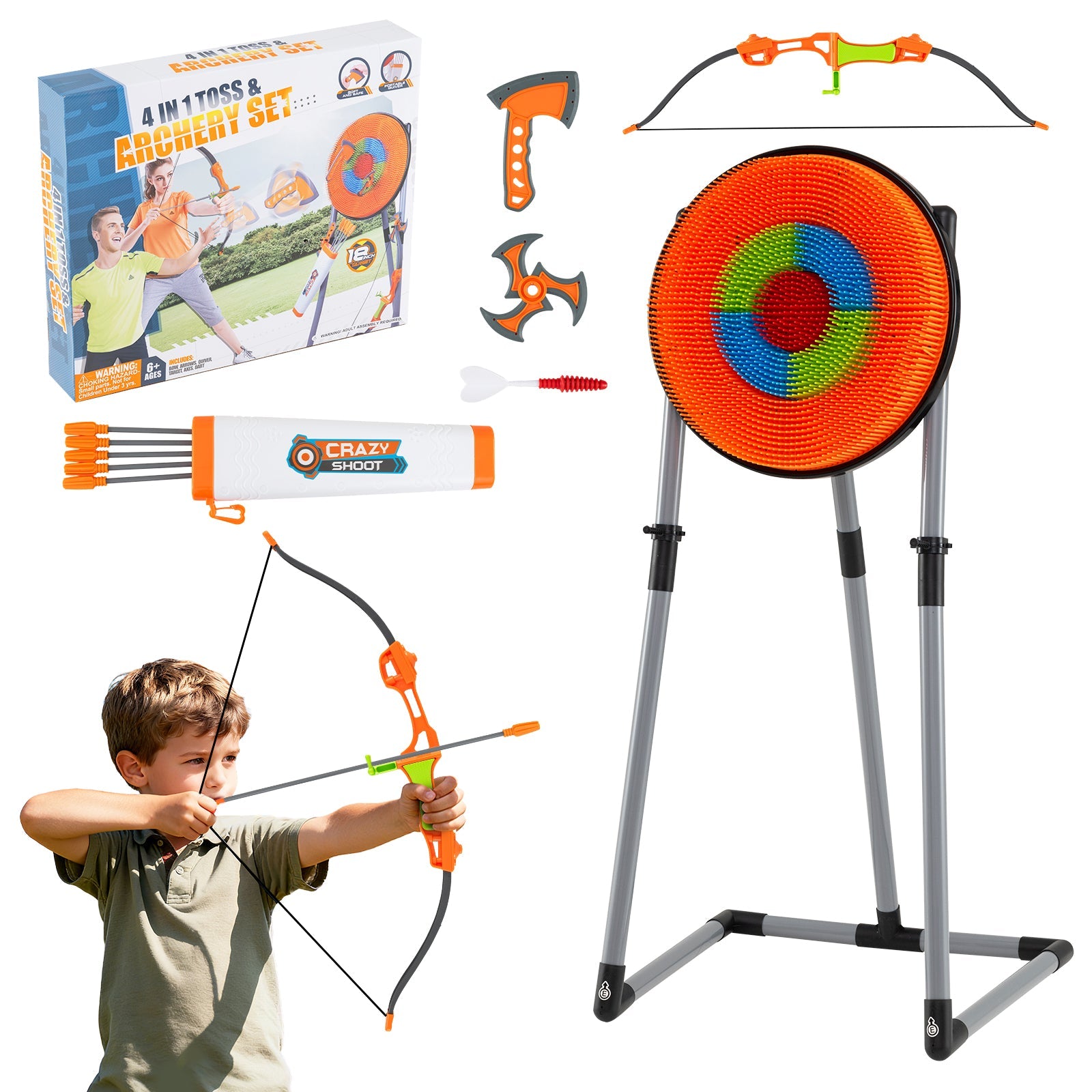 4-in-1 Throwing Target Game Set | Axes, Darts, Bow & Arrows | Ages 8+ - Niksstuff