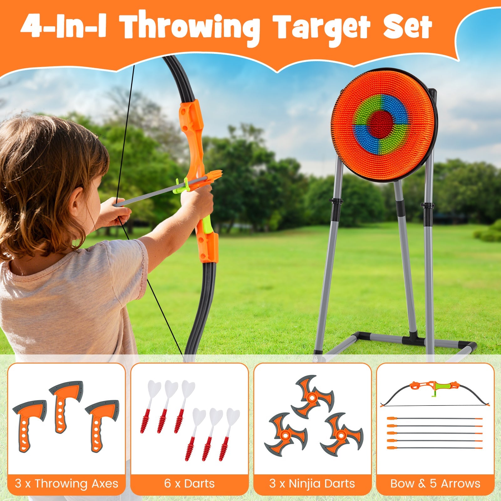 4-in-1 Throwing Target Game Set | Axes, Darts, Bow & Arrows | Ages 8+ - Niksstuff