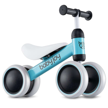 Blue four-wheel baby balance bike with white seat and black handlebars