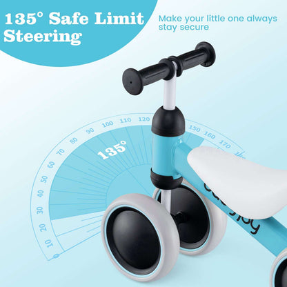 Blue four-wheel baby balance bike with limited-turn steering feature