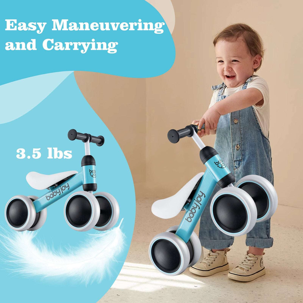 Blue four-wheel baby balance bike shown being carried by a child