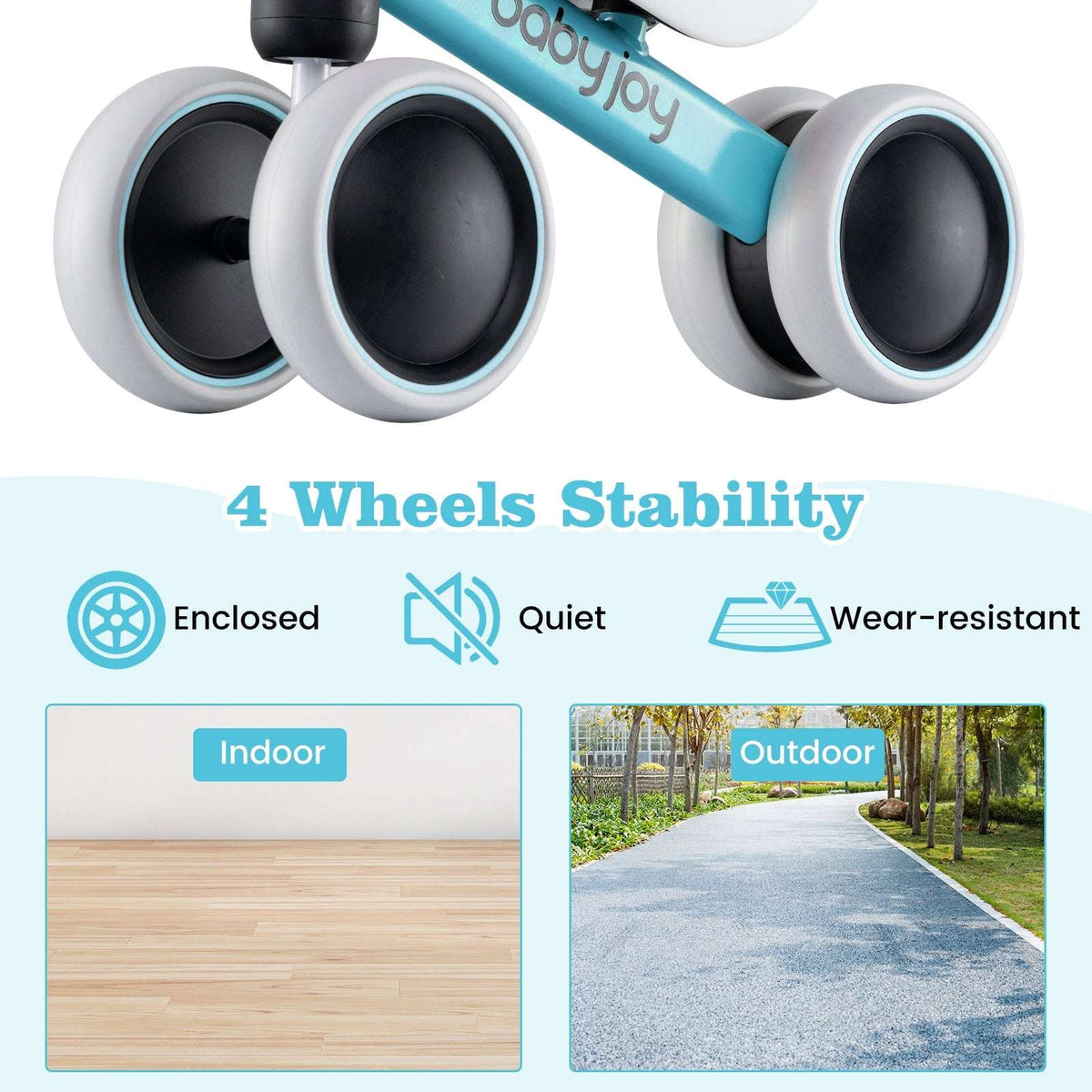 Close-up of the four enclosed wheels on a blue baby balance bike
