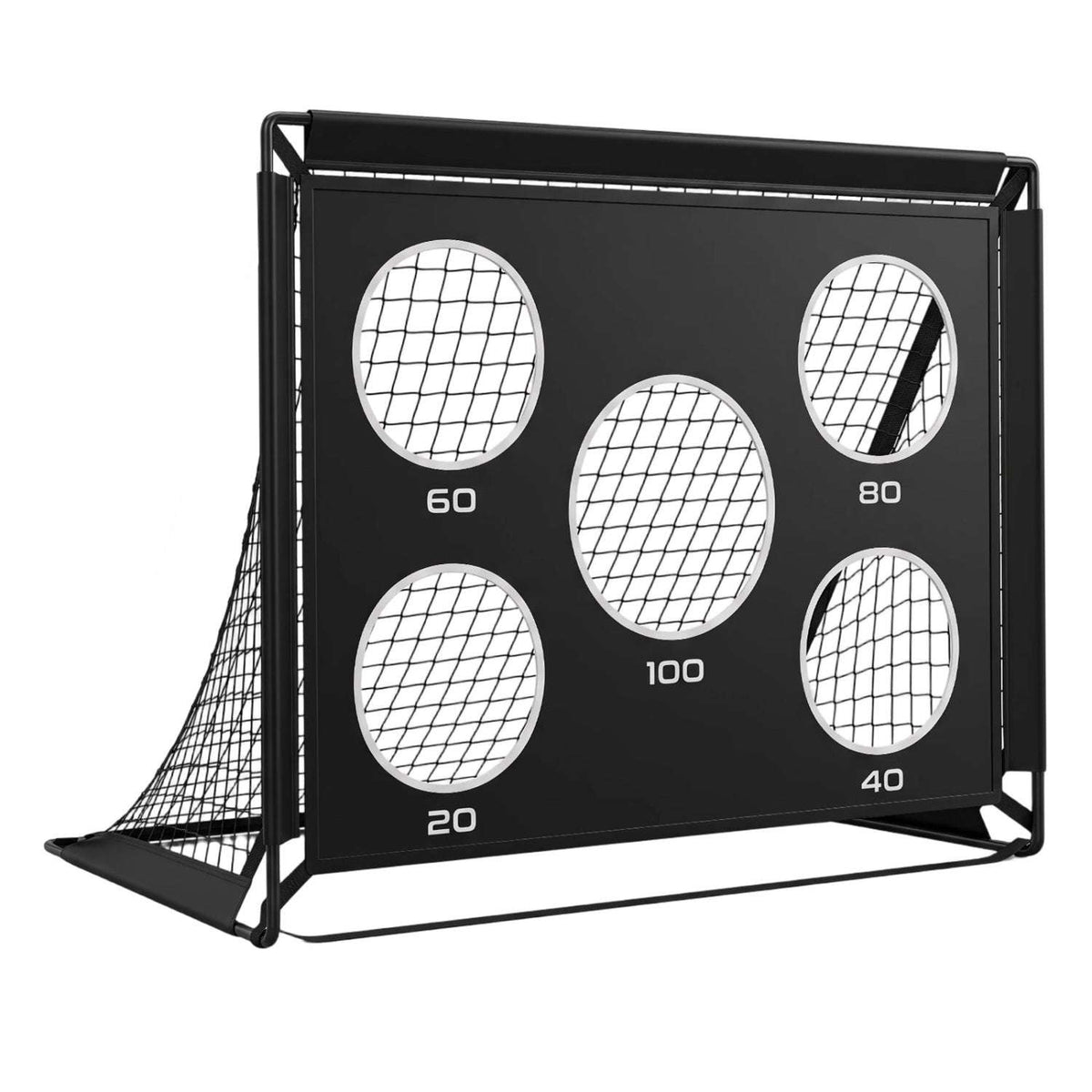 Black portable soccer goal with net and removable five-hole target panel.