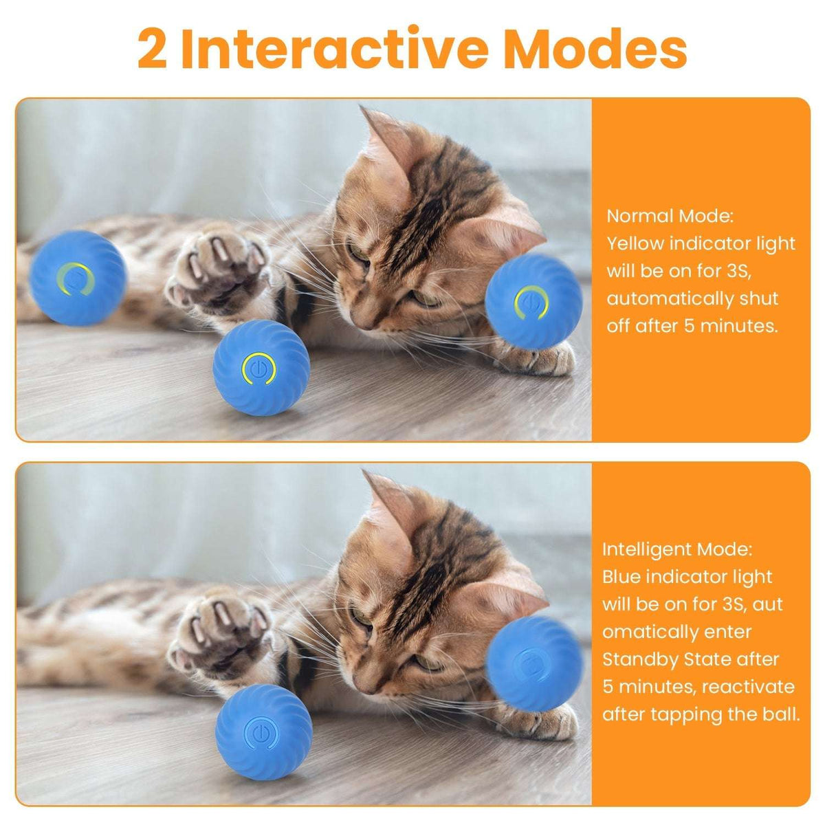 Cat rolling ball toy with blue indicator light on fuzzy balls in two modes
