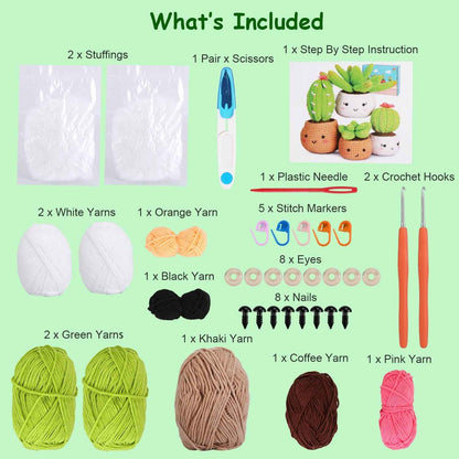 Succulent Crochet Kit for Beginners – 4 Patterns, 9 Yarn Colors & Video Tutorials