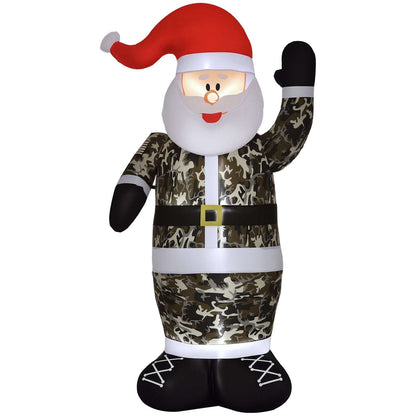 Inflatable camouflage Santa with red hat, white beard, black mittens, and LED-lit details