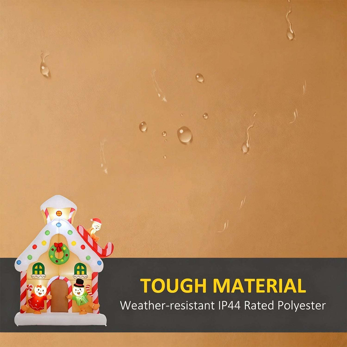 Inflatable gingerbread house made of weather-resistant polyester, shown with water droplets