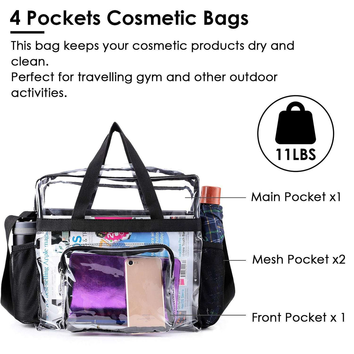Clear PVC cosmetic-style tote with multiple pockets and black adjustable shoulder strap