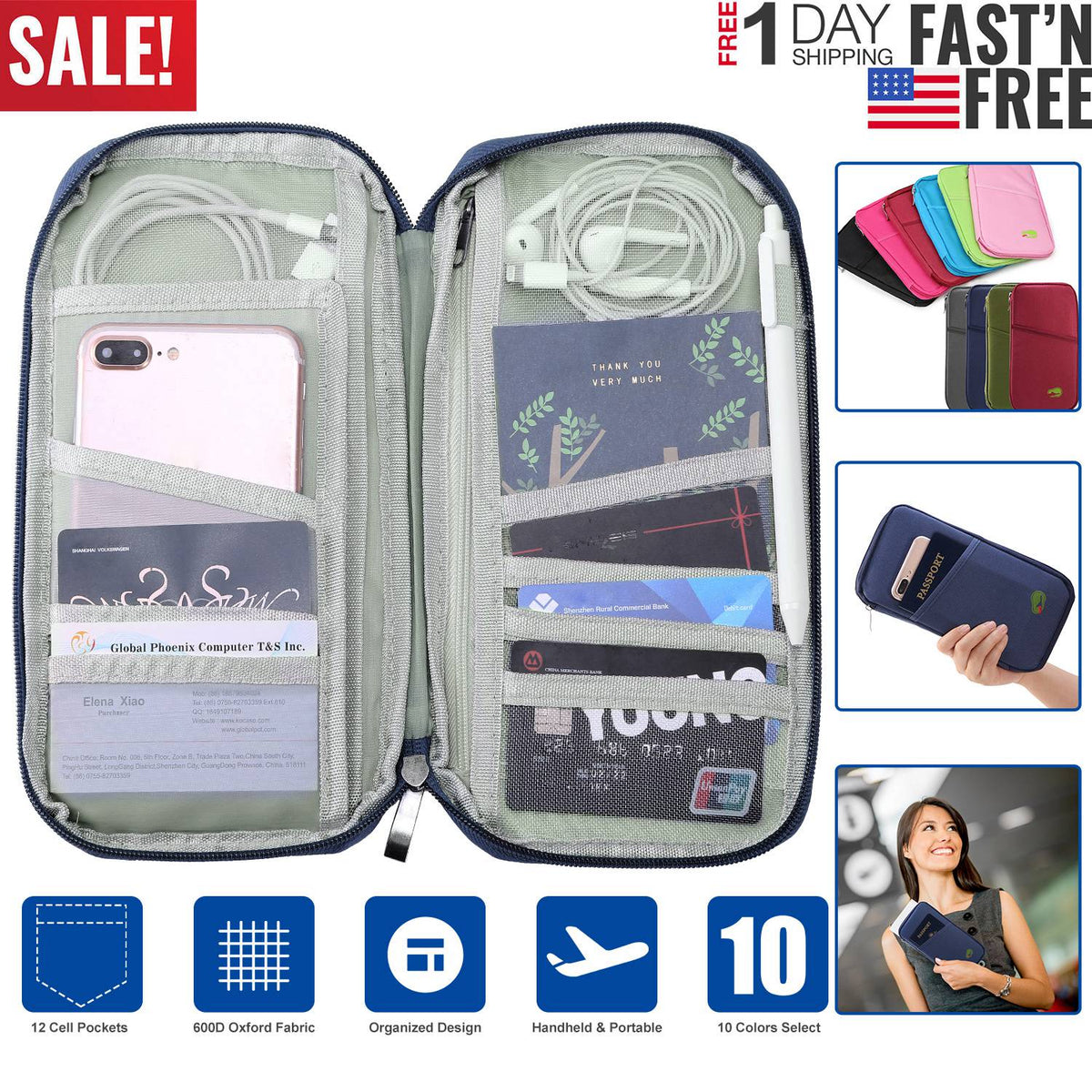 LJG Travel Passport Wallet – 12-Cell Organizer, Water-Repellent Zipper Case – Royal Blue