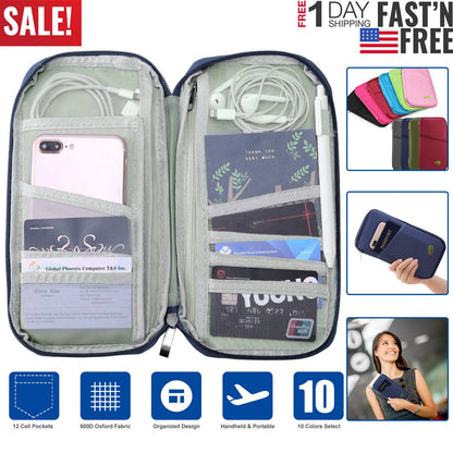 LJG Travel Passport Wallet – 12-Cell Organizer, Water-Repellent Zipper Case – Royal Blue