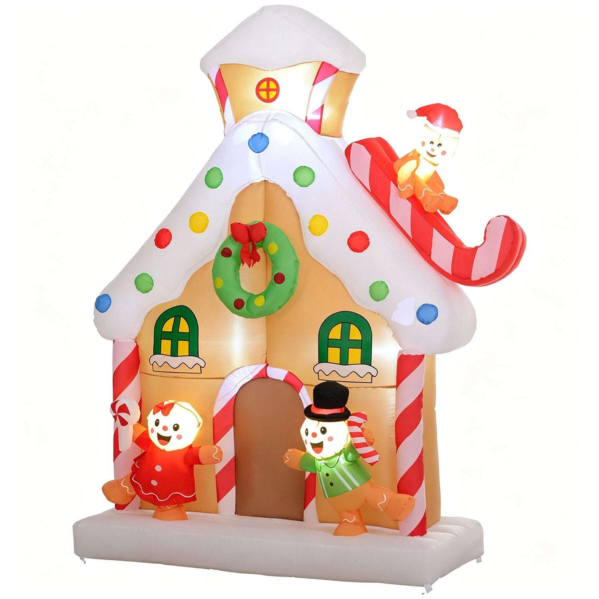 Inflatable gingerbread house with colorful candy dots, wreath, figures and a sleigh-riding snowman