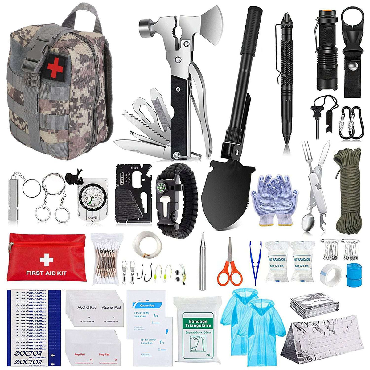 125-piece survival kit with camouflage first aid backpack, shovel, multitool, flashlight, rope and medical supplies
