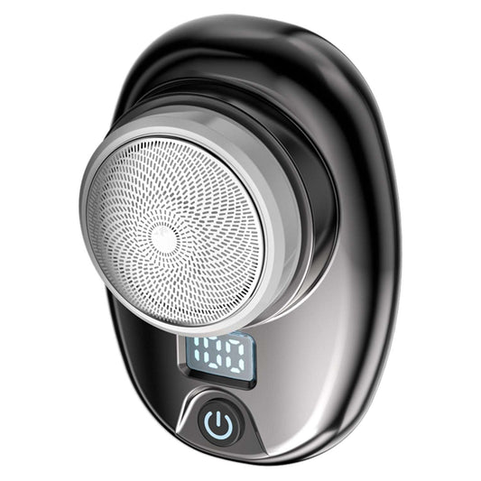 Black portable electric shaver with round foil head and blue LED display
