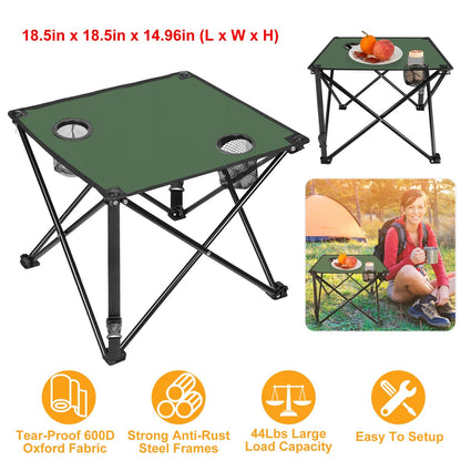 LakeForest Folding Camping Table with 2 Cup Holders – 600D Oxford, 44 lb Capacity | 18.5"x18.5" | 2.2 lbs | 1-Pc & 2-Pc Sets