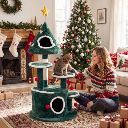 Green Christmas tree cat tower with two condos, multiple platforms, scratching post, and hanging toys