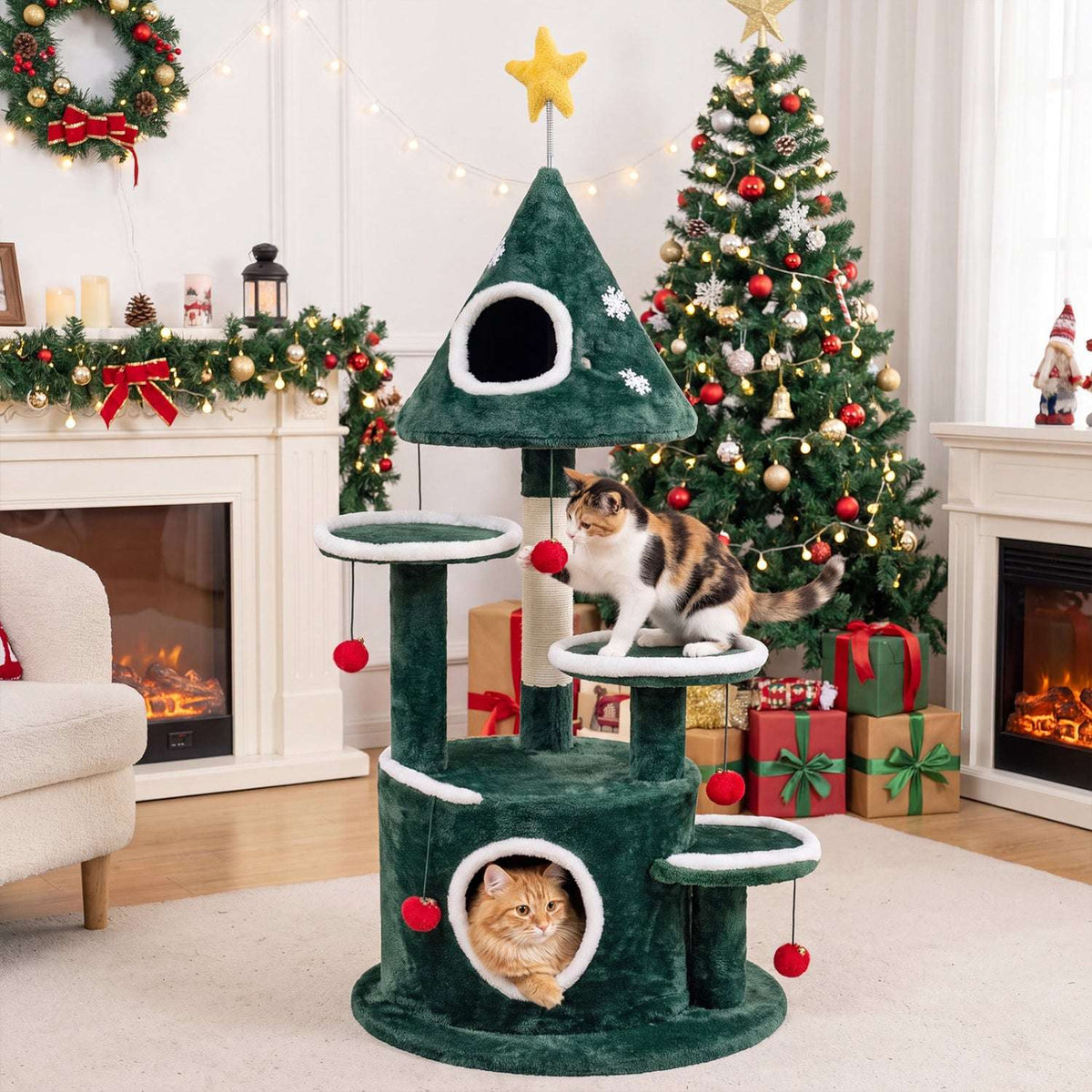 Green holiday cat tree with two enclosed condos, raised platforms, scratching post, and red pom-pom toys