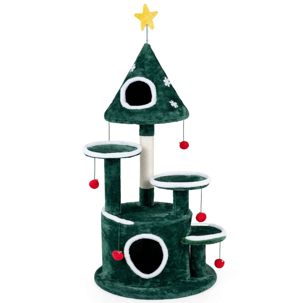 Green Christmas cat tree with two condos, four platforms, scratching post, and star topper