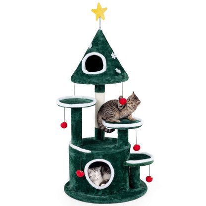 Green cat tree with two condos and platforms, shown with cats inside and on a perch