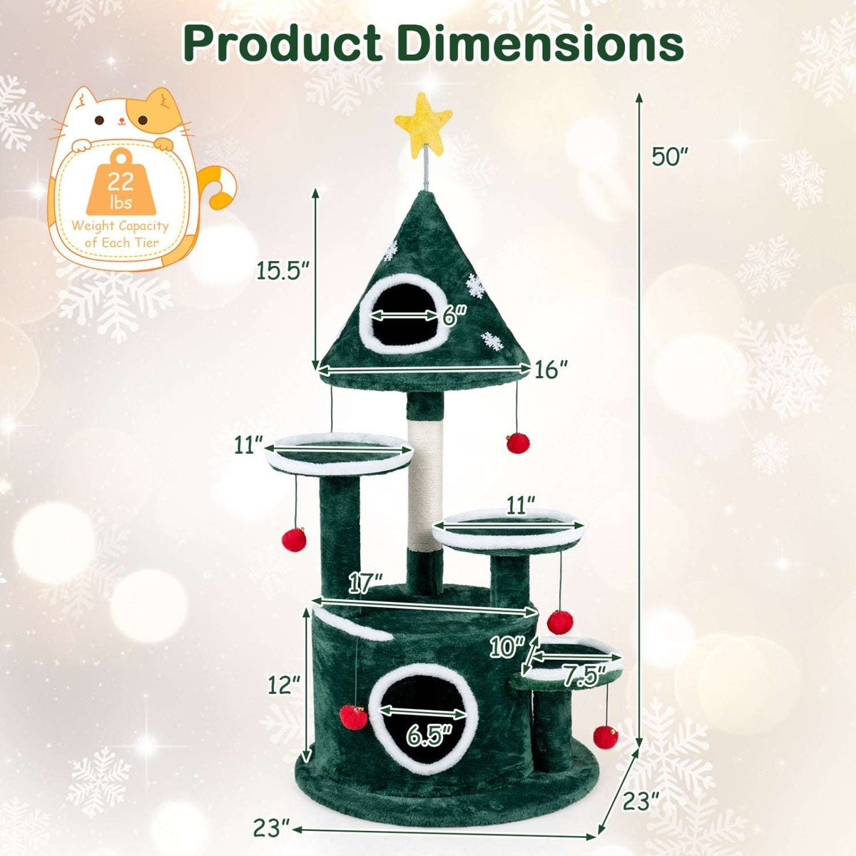 50-inch green Christmas cat tree with two condos, platforms, scratching post, and dimension labels
