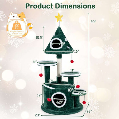 50-inch green Christmas cat tree with two condos, platforms, scratching post, and dimension labels