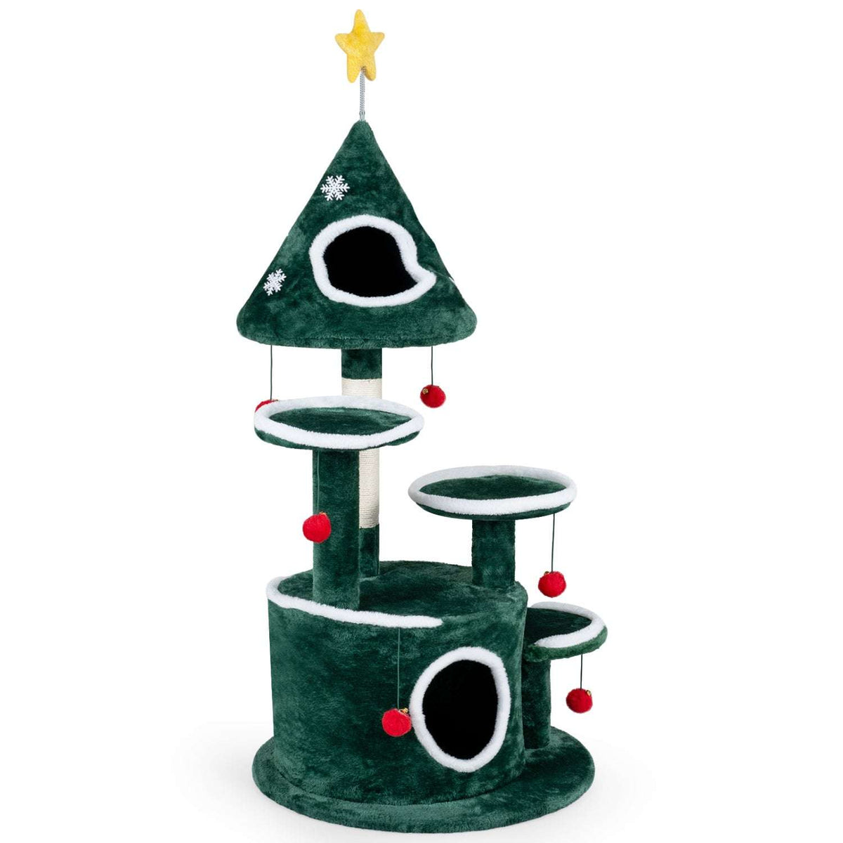 Green holiday cat tower with two enclosed condos, multiple platforms, scratching post, and dangling toys