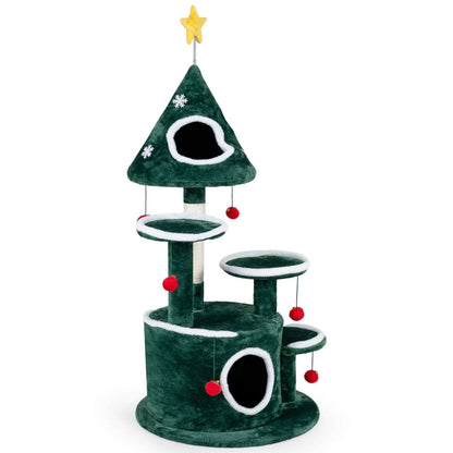 Green holiday cat tower with two enclosed condos, multiple platforms, scratching post, and dangling toys