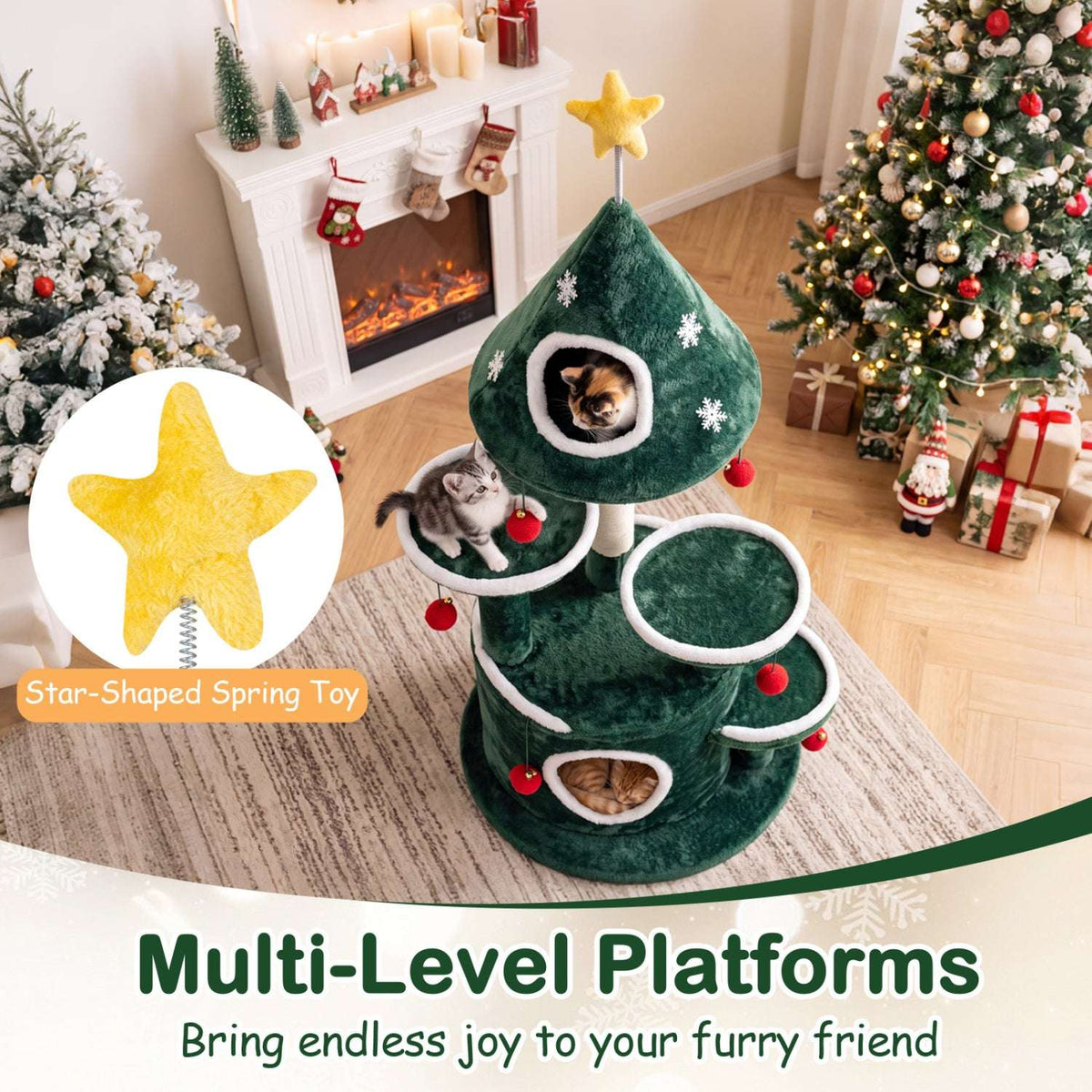 Green Christmas cat tree with multi-level platforms, two condos, and a star-shaped spring toy