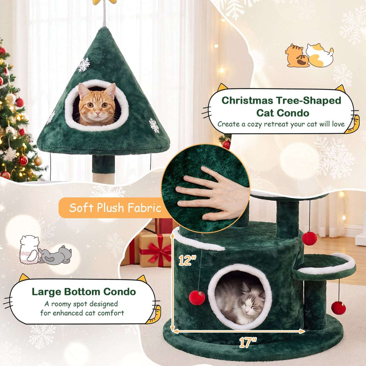 Green plush Christmas cat tree with top and bottom condos, platforms, and scratching post