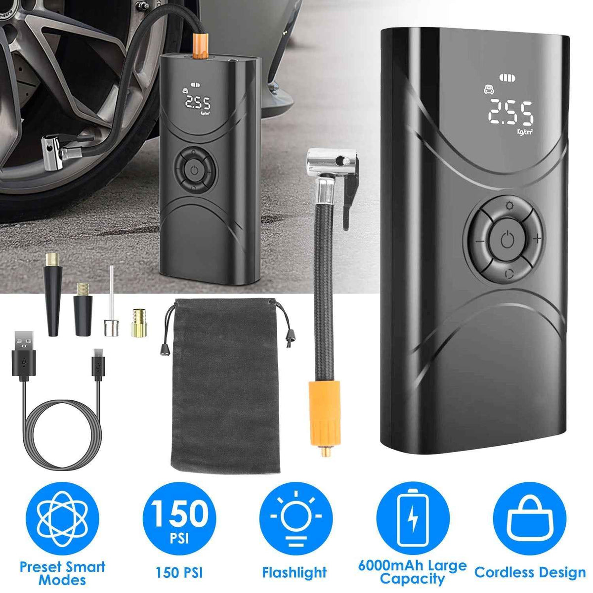 LJG Portable Wireless Car Tire Inflator 6000mAh 150 PSI LED