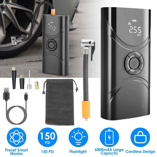 Portable car tire inflator, dark housing with control dial and flexible air hose
