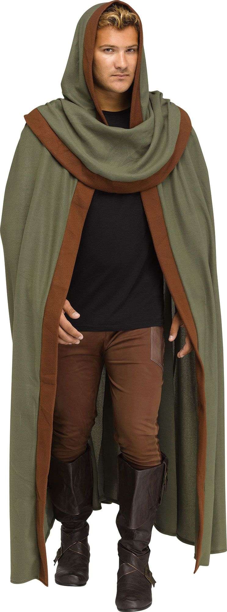 Adult hooded medieval cloak, olive green with brown side trim, full-length
