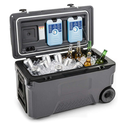 Gray 53-quart rolling cooler with open lid, built-in accessories, cans, and bottles
