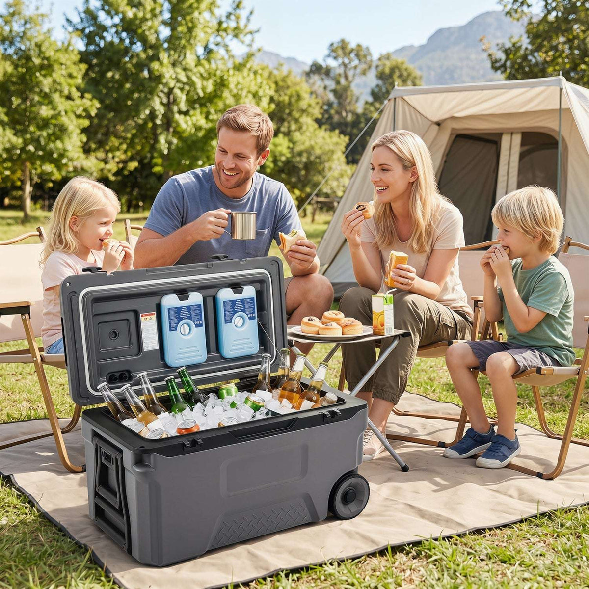 Open gray rolling cooler filled with ice and drinks