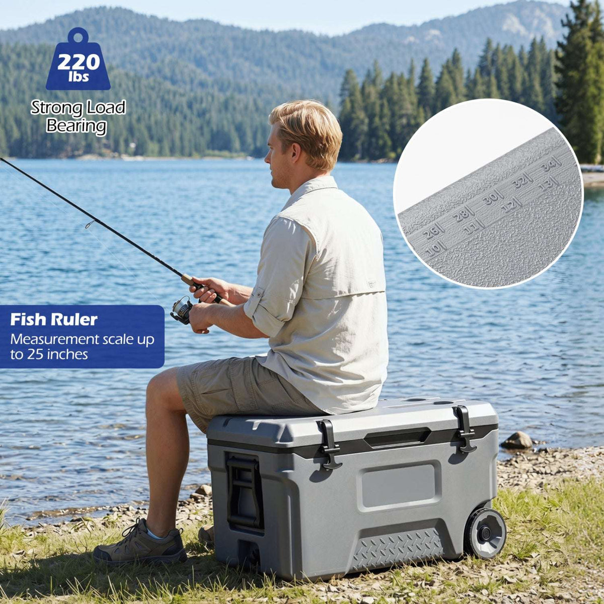 Gray rolling cooler used as a seat, with a close-up of its fish ruler