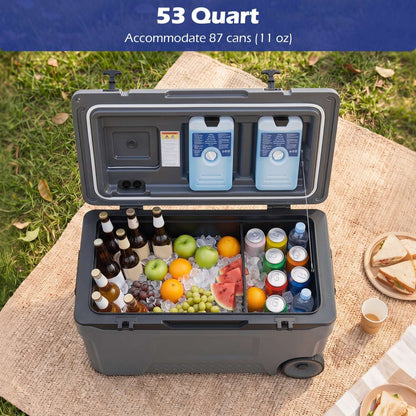 Open gray 53-quart rolling cooler filled with drinks, fruit, and ice